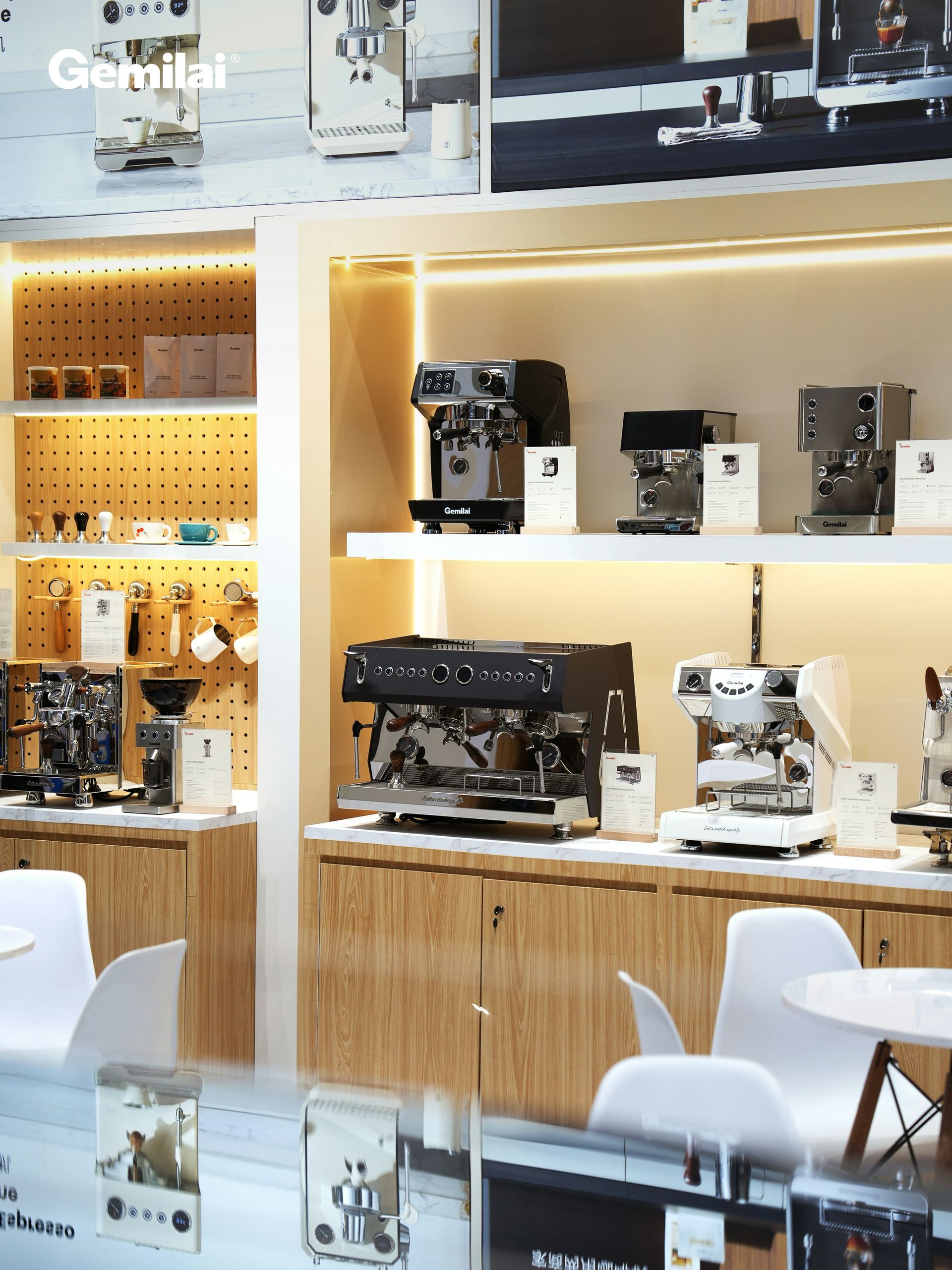 Various espresso machines displayed on shelves